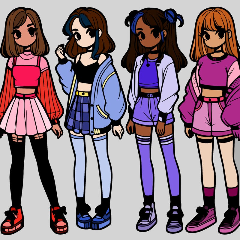 one girl with crop-top shirt and a jacket with a skirt, long socks and another girl with a shirt and pants with a jacket