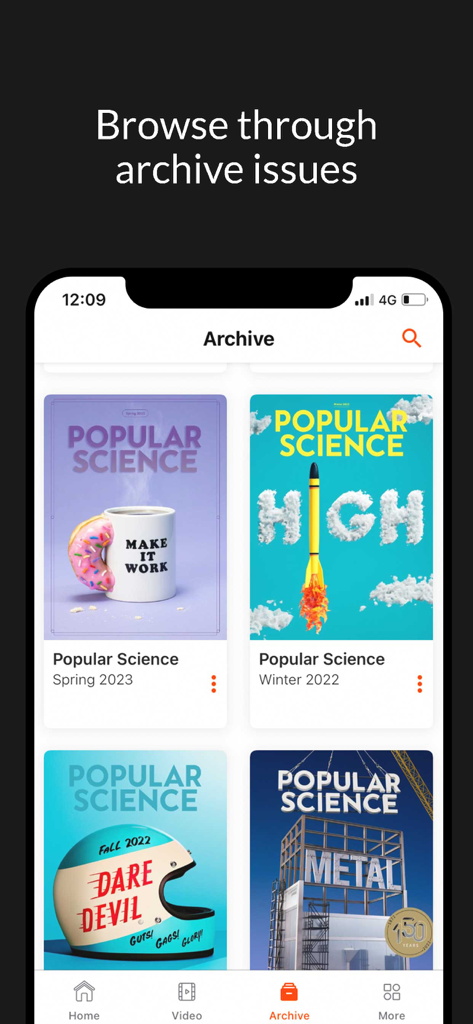 Popular Science 앱의 한 화면이 화려한 표지 아트로 과거 잡지 이슈 라이브러리를 보여줍니다.