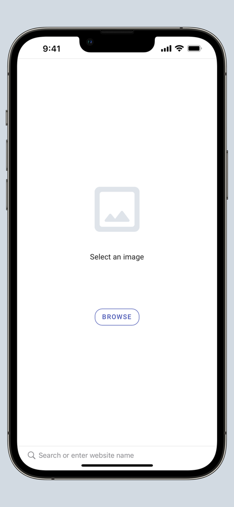 Interface of the Search by Image for Safari app on iPhone showing the browse and select image screen