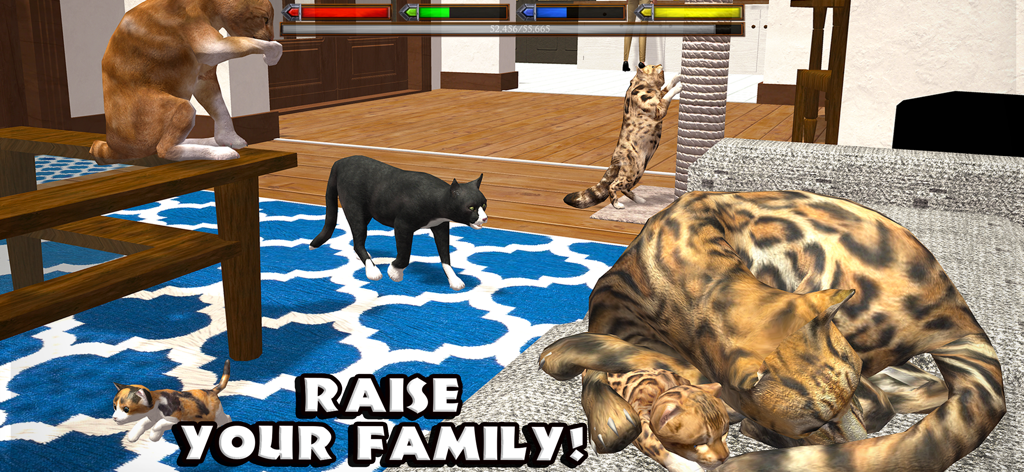 Ultimate Cat Simulator - Um grupo de diferentes gatos e gatinhos interagindo em um ambiente doméstico com o texto Crie Sua Família