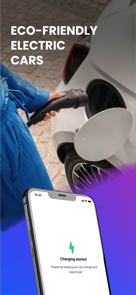 Free2move | Car Share & Rental - Person charging an electric car with the Free2move app showing charging status on a smartphone