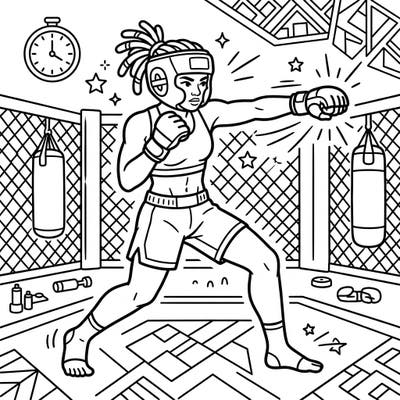 Dive into the thrilling world of mixed martial arts with this dynamic coloring page featuring a powerful female MMA fighter. This action-packed template is perfect for kids who love sports and want to express their creativity.