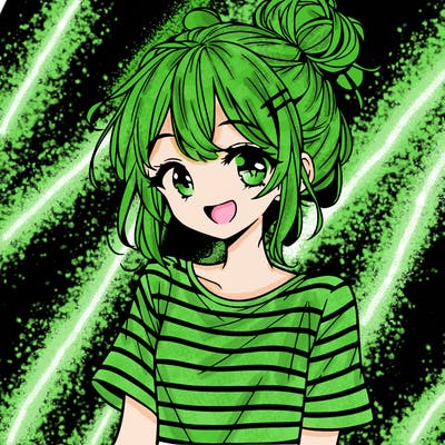 anime girl teenager striped shirt and smile and messy bun