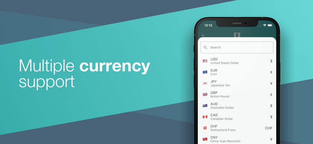 Tela do aplicativo móvel exibindo várias opções de moeda como USD, EUR e GBP para faturamento profissional.