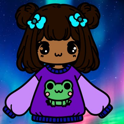a girl with a oversized sweater with a kawaii frog on front