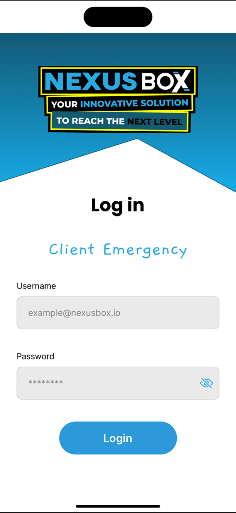 Nexus Box Client Emergency - Login screen for the Nexus Box Client Emergency mobile application