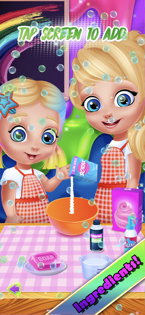 Two cartoon girls adding ingredients to make virtual slime in a simulator game.