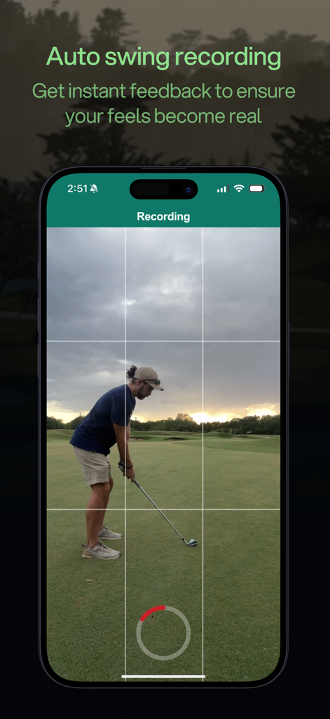 SwingReaction - Automatic golf swing recording on the SwingReaction mobile app showing a golfer in the frame with a grid overlay