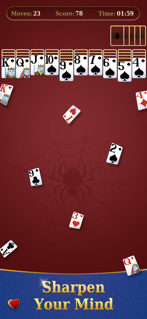 Spider Solitaire-Puzzle trip - Un juego de Spider Solitaire sobre un fondo de telaraña roja oscura con el texto Agudiza tu Mente