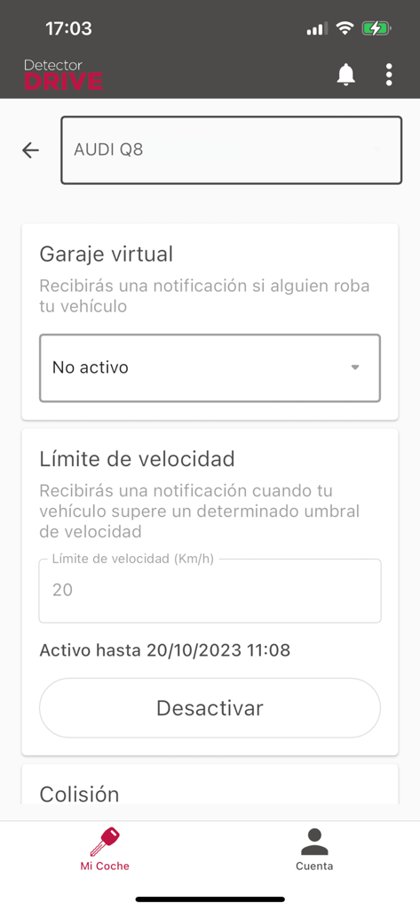 Interfaz de la aplicación Detector Drive que muestra el garaje virtual y alertas de límite de velocidad para un vehículo Audi Q8