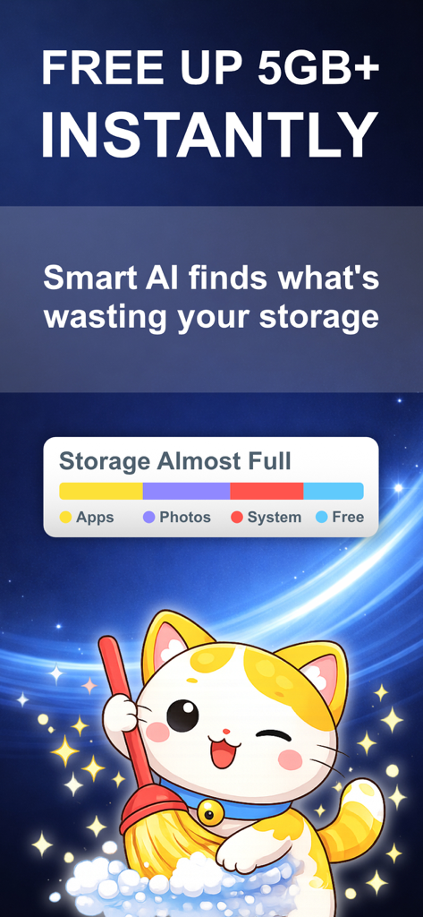 Cleaner Kiki: Storage Cleanup - Cleaner Kiki mascot character sweeping away junk with a storage almost full status bar