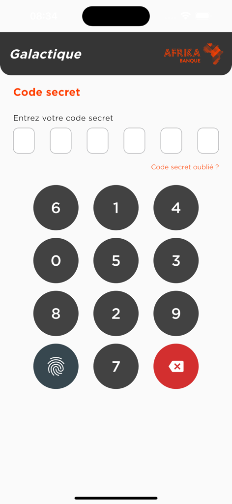 Login screen of the Galactique CI app featuring a numeric keypad and a pin code entry field for secure access.