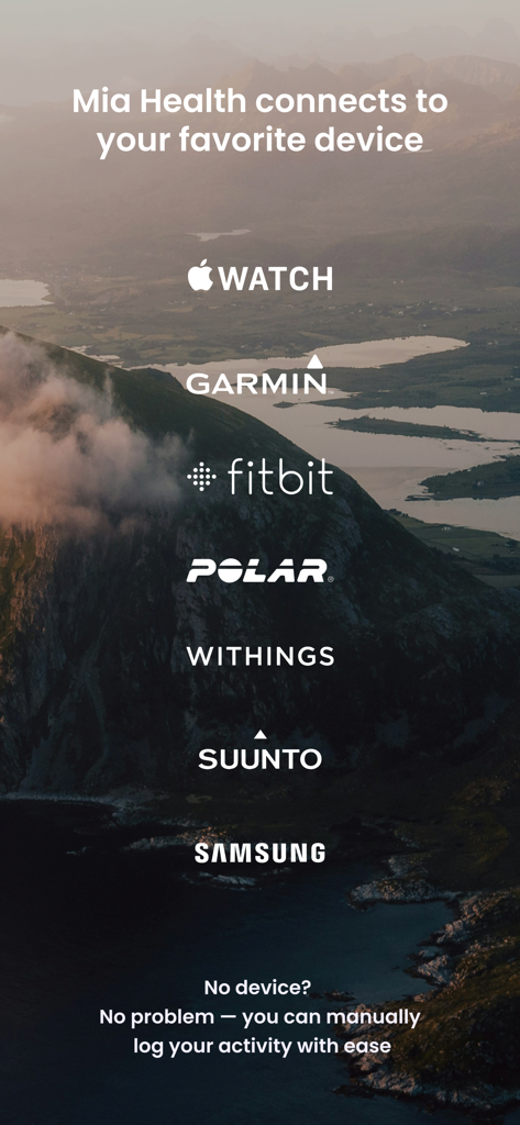 MIA Health - Mia Health app screen showing compatibility with popular wearable devices like Apple Watch Garmin and Fitbit and manual logging options