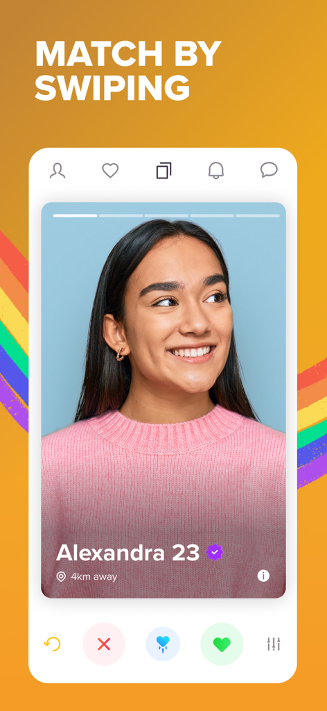 Zoe Lesben-Dating-App-Profilansicht mit einem verifizierten Benutzer und Swipe-to-Match-Oberfläche