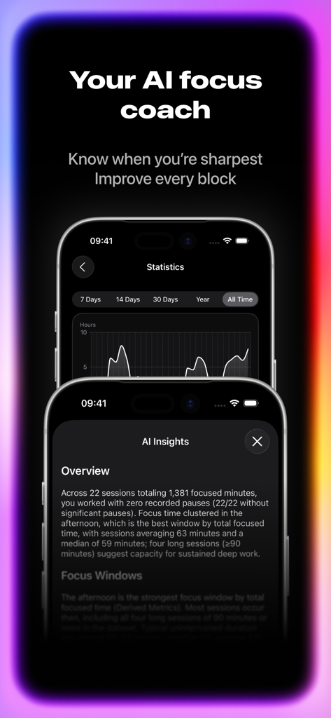 Lock In: Focus Timer & Blocker - Interfaz de la aplicación Lock In que muestra información del coach de enfoque de IA y estadísticas de productividad sobre un fondo oscuro.