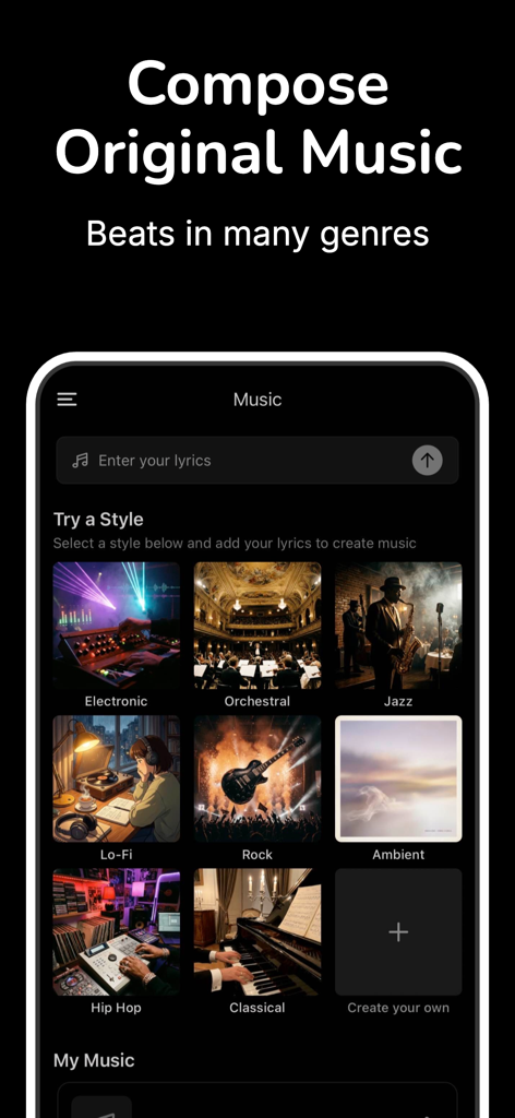 Mobile screen of Gab AI app for generating original music beats and tracks in various genres