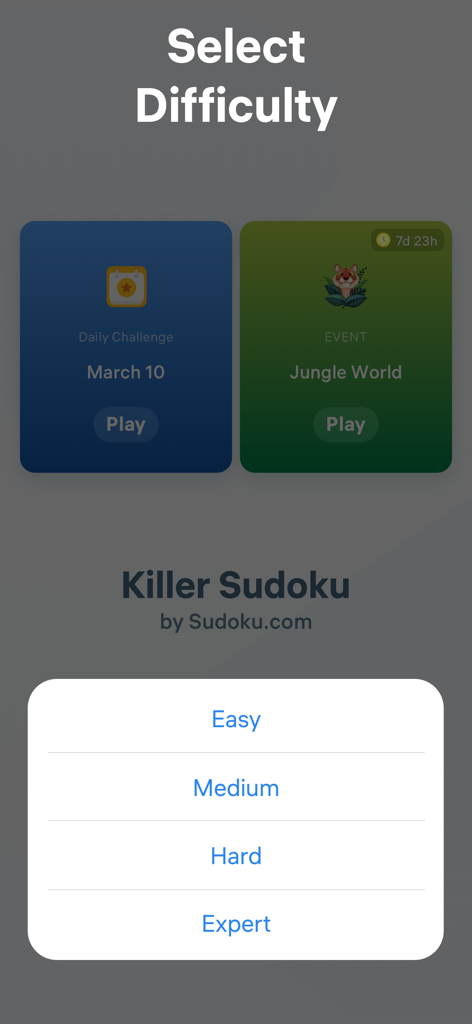 Schermata di selezione del livello di difficoltà nell'app Killer Sudoku con opzioni per Facile, Medio, Difficile ed Esperto.