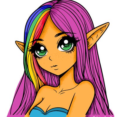 realistic woman with long hair pointy ears and big kawaii eyes