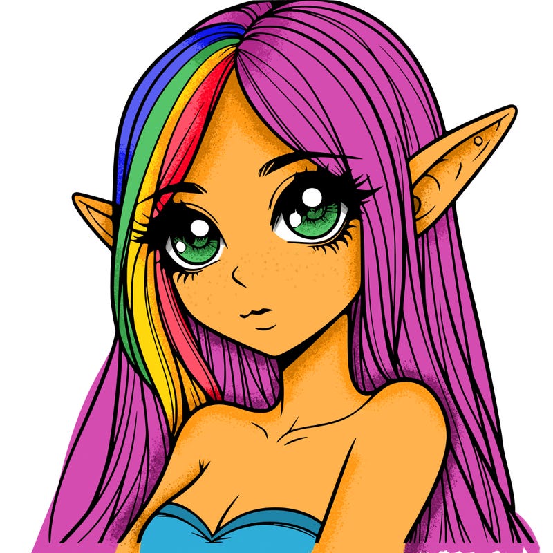 realistic woman with long hair pointy ears and big kawaii eyes