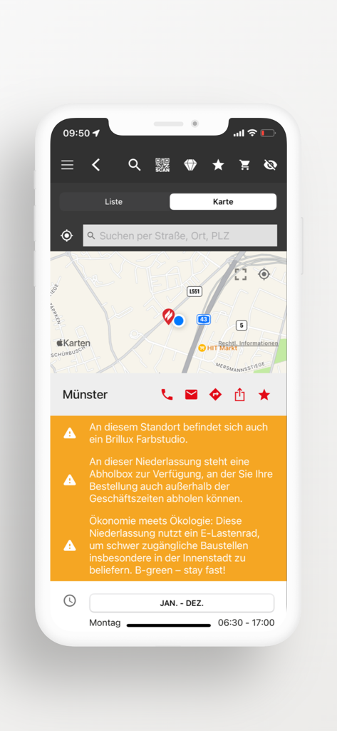 전문 화가를 위한 지점 위치 및 상세한 매장 정보를 찾기 위한 지도 보기를 보여주는 Brillux 앱 스크린샷.