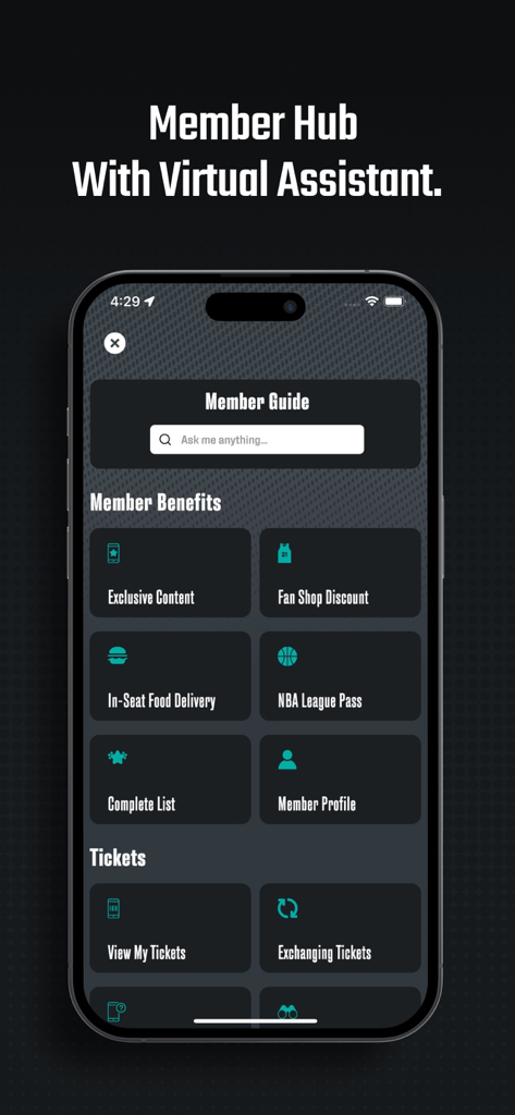 San Antonio Spurs - San Antonio Spurs app member hub showing virtual assistant member benefits and ticket management options