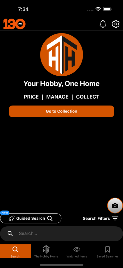 130 Point - Pantalla de inicio de la aplicación móvil 130 Point para coleccionistas de tarjetas deportivas que muestra herramientas de búsqueda y gestión de colecciones