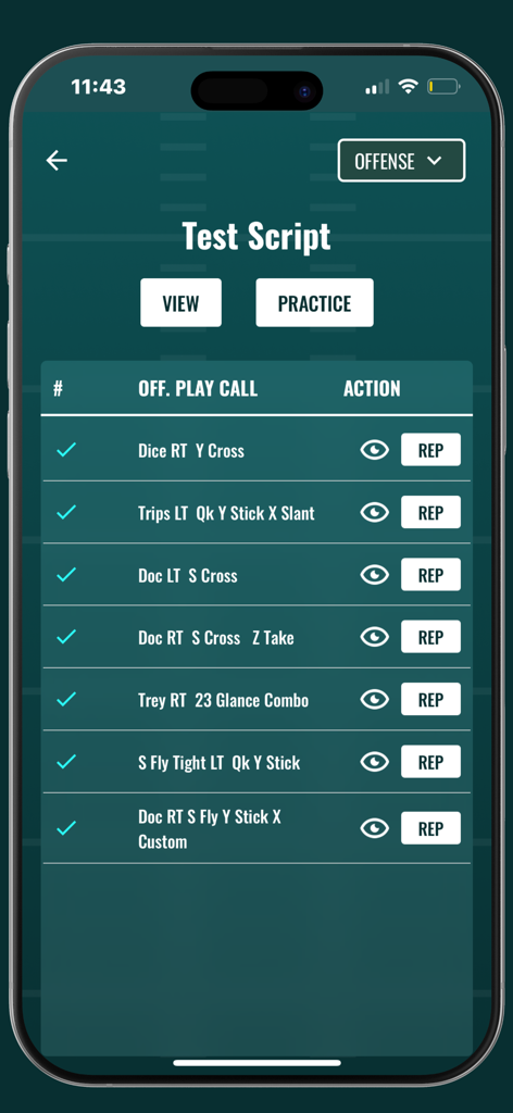 FootballU - FootballU app screen showing a list of offensive play calls in a practice test script.