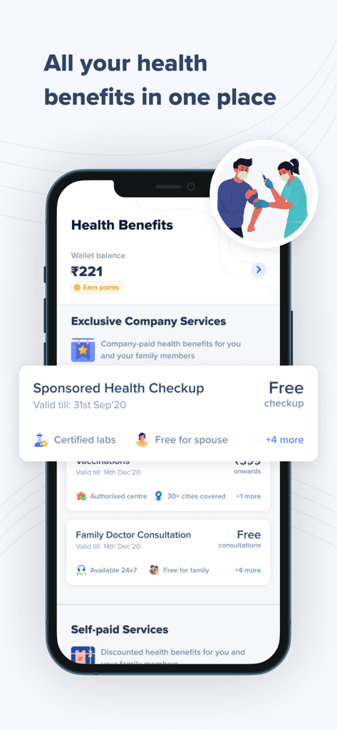 ekincare - A mobile interface for the ekincare app showing consolidated health benefits including sponsored checkups and doctor consultations.