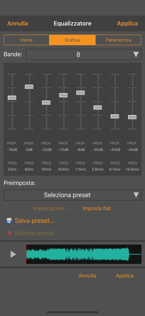 WavePad Editor- Musica e Audio - Captura de tela do equalizador gráfico de 8 bandas do WavePad Audio Editor mostrando ajustes deslizantes para diferentes frequências.