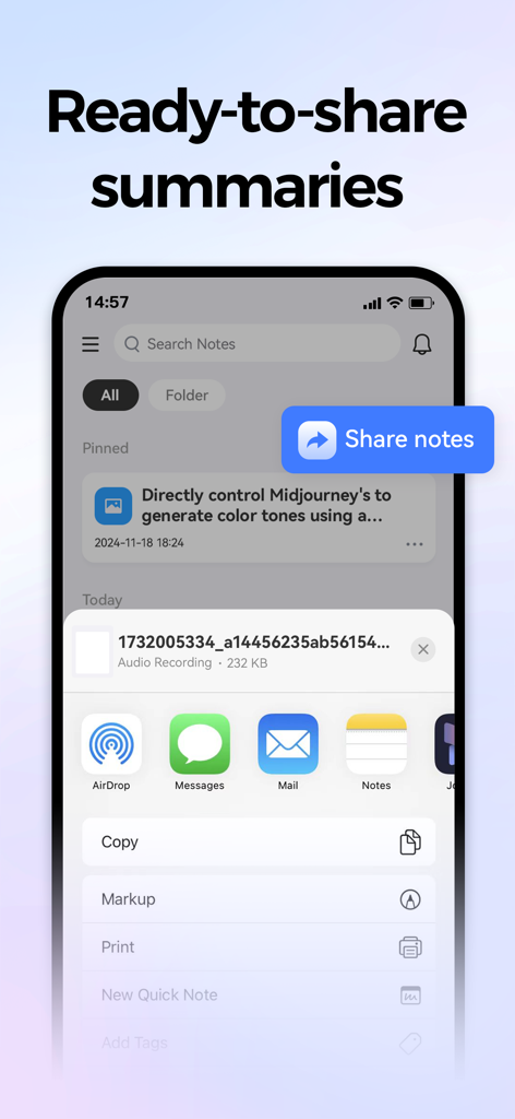 AIgo: AI Meeting Note Taker - Um smartphone mostrando a interface do aplicativo AIgo com um menu de compartilhamento aberto para exportar resumos de reuniões.