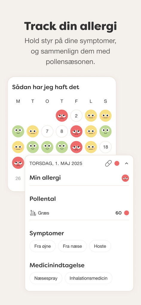 Dagens Pollental - Mobile app screenshot showing an allergy symptom diary with a calendar view and pollen count details