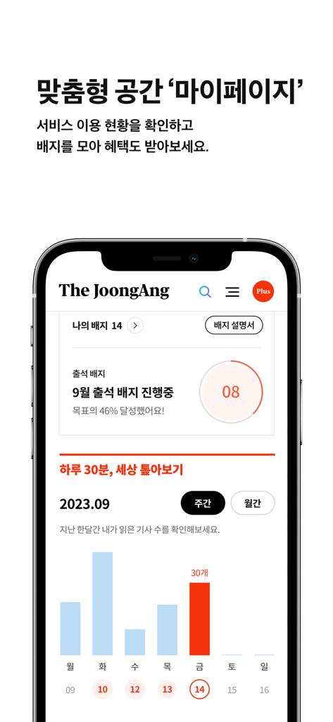 중앙일보 - JoongAng Ilbo app personalized dashboard showing user reading statistics and achievement badges