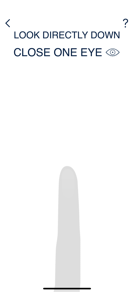 Jostens Ring Sizer - Screen showing instructions to look directly down and close one eye while aligning a finger with the on-screen guide for ring sizing