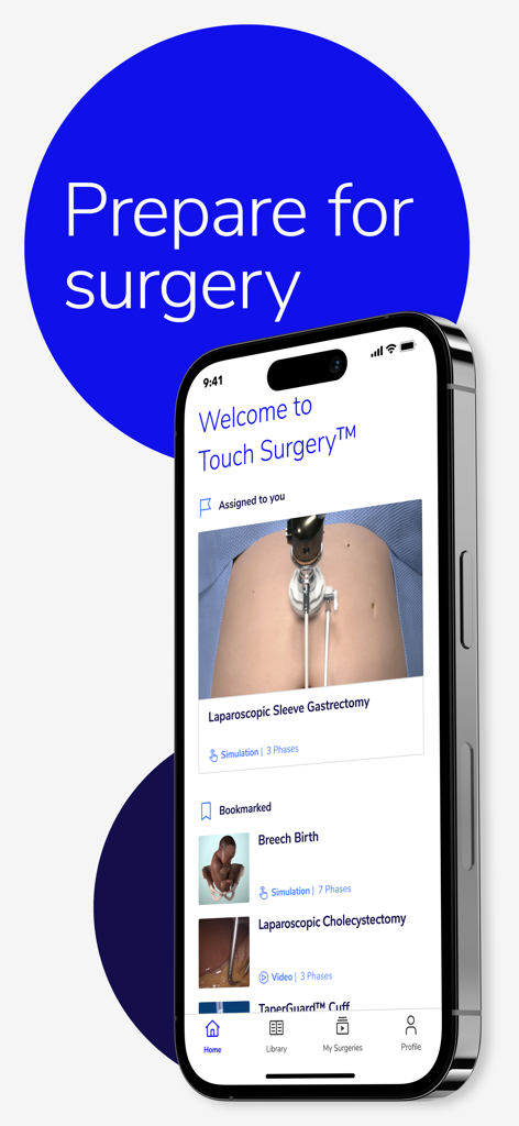 Touch Surgery: Surgical Videos - The Touch Surgery app dashboard on a smartphone featuring various surgical procedure simulations