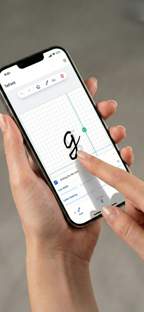 Un utilisateur dessinant la lettre g sur un écran d'iPhone à l'aide de l'application TeFont pour créer une police manuscrite personnalisée.