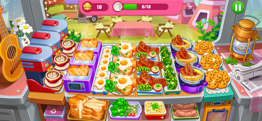 A vibrant mobile game screen showing a breakfast cooking station with fried eggs sausages toast and coffee