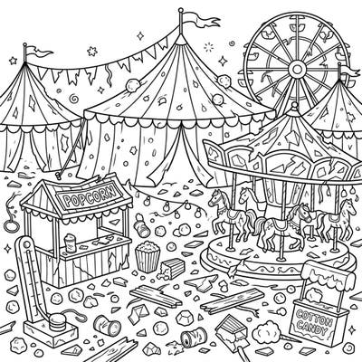Dive into a one-of-a-kind coloring page featuring a lively carnival scene with a whimsical twist: everything shows signs of playful hail damage. Discover intricate tents, a Ferris wheel, and carousels ready for your creative touch.