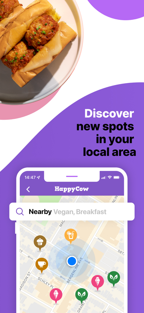 HappyCow - Vegan Food Near You - HappyCow app interface showing a map for discovering local vegan restaurants and a delicious plant based sandwich