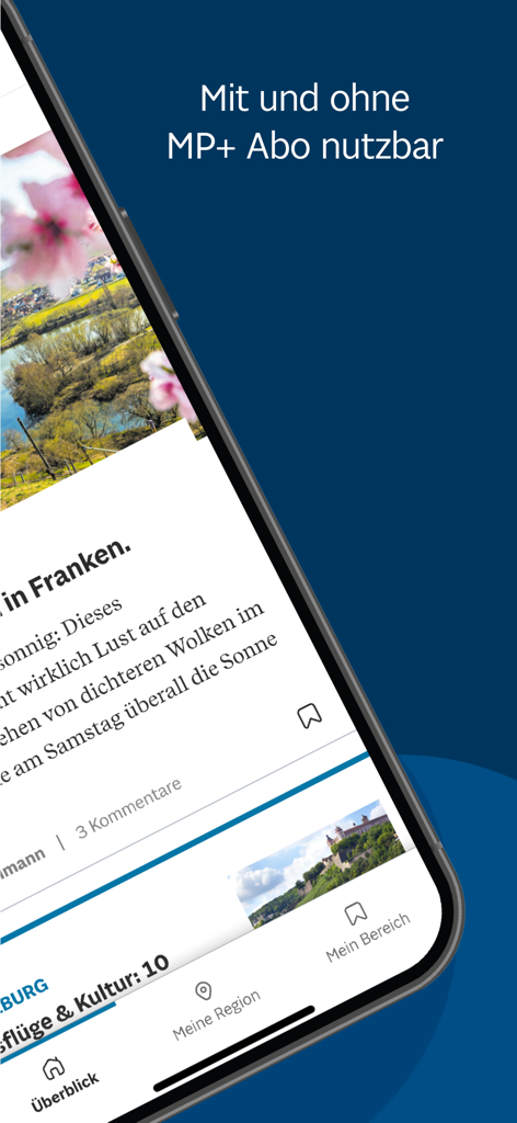 Interfaz de la aplicación Main-Post News que muestra titulares de noticias locales e información de suscripción en la pantalla de un smartphone.