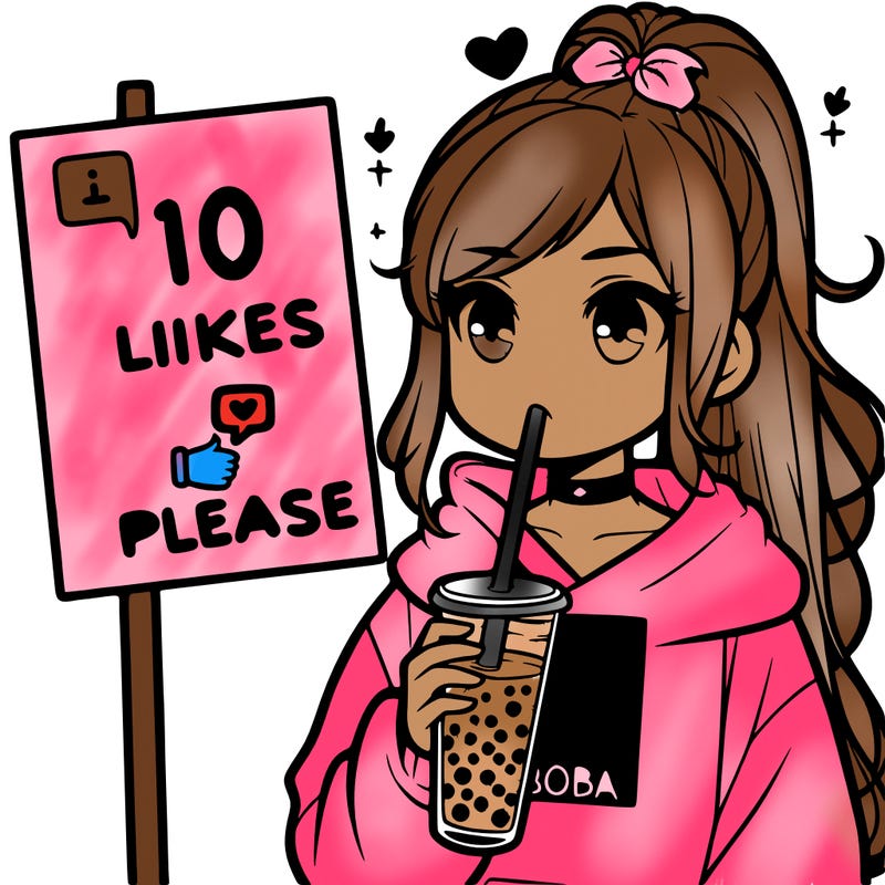 girl with a high ponytail and a hoodie drinking boba staring at a sign saying 10 likes please