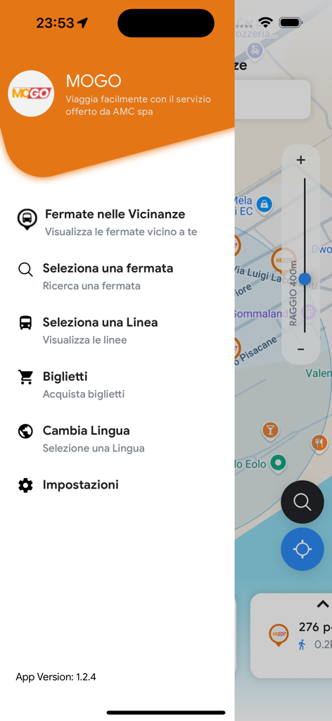 MOGO - 近くのバス停、チケット購入、言語設定などのオプションを表示するCatanzaro用MOGOトランジットアプリのメインナビゲーションメニュー