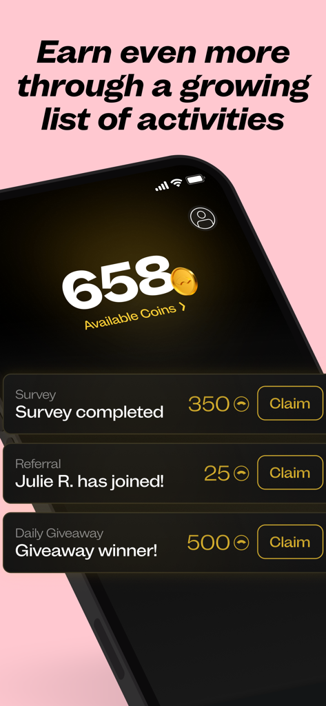 Bridge: Debit Card Rewards - Interface of the Bridge app showing earned coins for surveys, referrals, and giveaways.