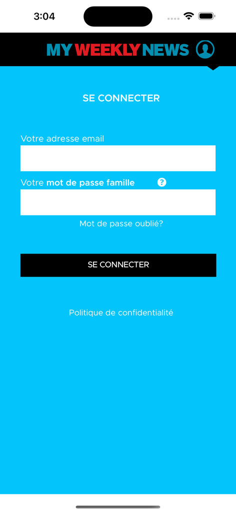 My Weekly News - The login screen for the My Weekly News app in French.