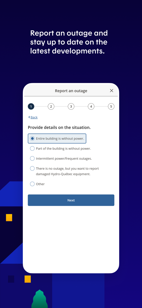 Hydro-Québec - Hydro-Quebec app interface for reporting a power outage with various situation options.