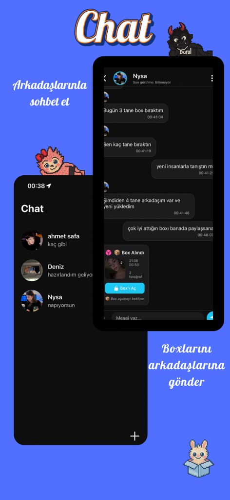 SpotBox app chat interface showing a message list and a conversation where a photo box is being shared with a friend.