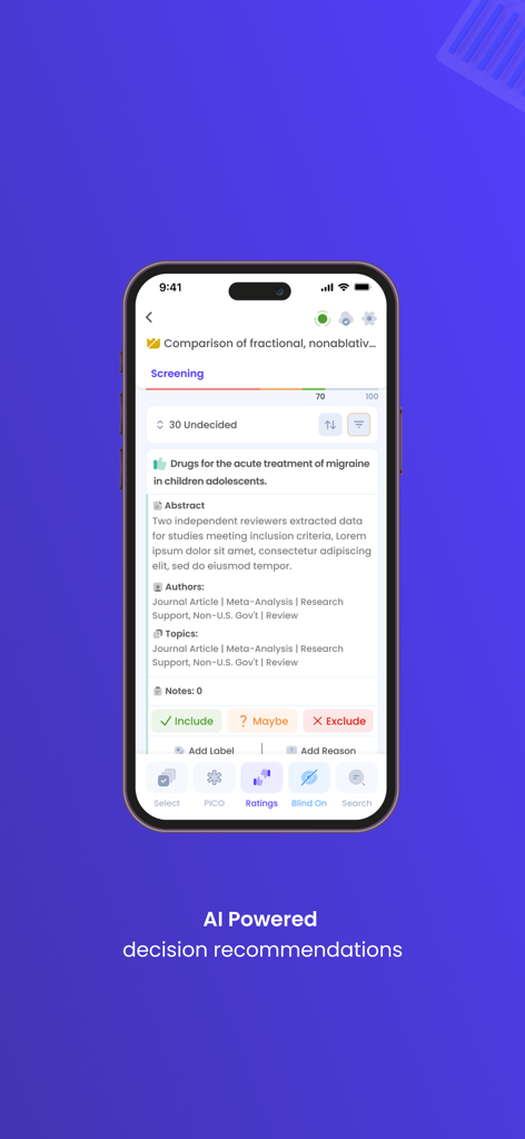 The Rayyan app interface showing an abstract screening screen with AI-powered decision recommendations for researchers