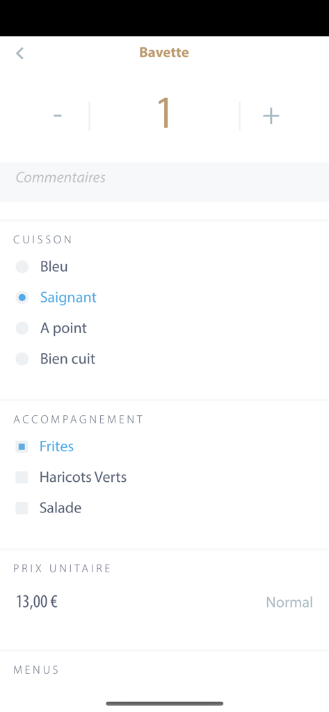Popina - Interface de TPV mobile pour la sélection des préférences de cuisson et des accompagnements pour une commande de restaurant.