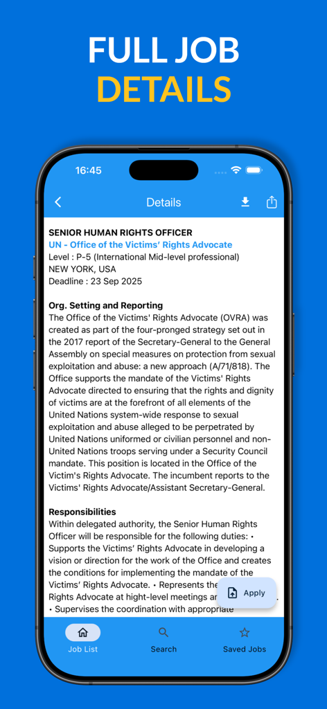 Mobile app screenshot showing full job details for a Senior Human Rights Officer at the United Nations