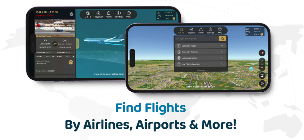 Aplicación AirspaceTracker que muestra opciones de búsqueda de vuelos por aerolínea y aeropuerto con mapa de rastreo 3D en dispositivos móviles