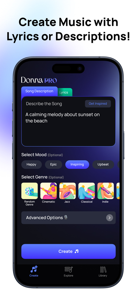 Interface do aplicativo Donna AI mostrando a criação de músicas a partir de descrições de texto